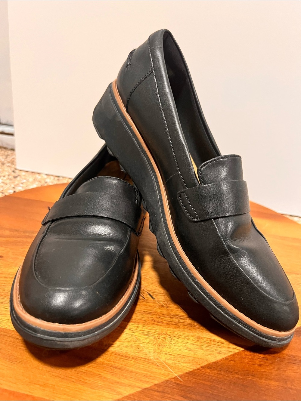 Clarks Womens Sharon Gracie Loafer Size 8 Black Leather Wedge Platform Shoes